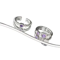 Heart Shape Open Rings For Women, 4 Pieces Set In Purple Alloy With Zircon Inlay 5