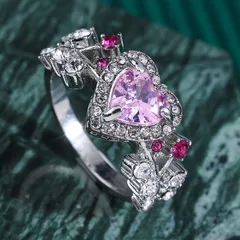 Heart Shape Pastoral Alloy Ring For Women With White K Plated Electroplated Finish And Rhinestone Inlay 2