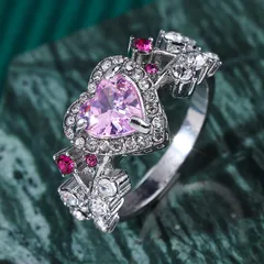 Heart Shape Pastoral Alloy Ring For Women With White K Plated Electroplated Finish And Rhinestone Inlay 3