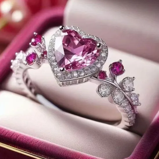 Heart Shape Pastoral Alloy Ring For Women With White K Plated Electroplated Finish And Rhinestone Inlay 5