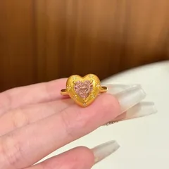 Heart Shape Sandblasted Open Ring For Women In Copper With Electroplated Gold Plating And Zircon Inlay