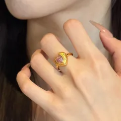 Heart Shape Sandblasted Open Ring For Women In Copper With Electroplated Gold Plating And Zircon Inlay 3
