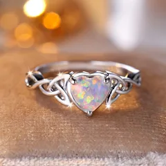 Heart Shape Simple Style Zinc Alloy Ring For Women Featuring Asymmetrical Design And October Birthstone Opal Inlay In White 3