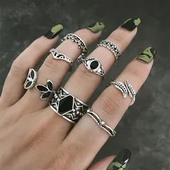 Hip-Hop Retro Leaf Heart Shape Alloy Carving Men's Ring Sets 4