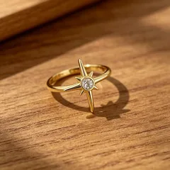 Hip-Hop Star Open Ring For Women In Copper With Golden Plated PVD Coated Finish And Rhinestone Inlay 2