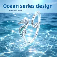 Hippocampus Open Rings For Unisex Featuring Silver Copper Material With Zircon Inlay And Electroplated Marine Style