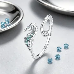 Hippocampus Open Rings For Unisex Featuring Silver Copper Material With Zircon Inlay And Electroplated Marine Style 3