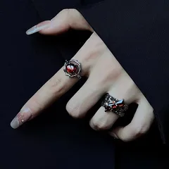 Hollow Retro Garnet Geometric Design Ring Women's Trendy Personality Dark  Cold Style Elegant Open Ring 3