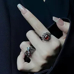 Hollow Retro Garnet Geometric Design Ring Women's Trendy Personality Dark  Cold Style Elegant Open Ring 4