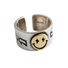Korean Style Mori Thai Silver Lightning Five-pointed Star Ring Female Fashion Personality Retro Golden Smile Face Open Ring Wholesale