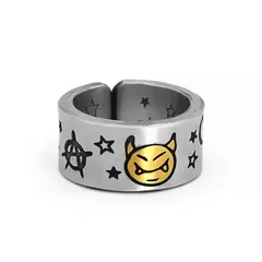 Korean Style Mori Thai Silver Lightning Five-pointed Star Ring Female Fashion Personality Retro Golden Smile Face Open Ring Wholesale 3