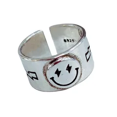 Korean Style Mori Thai Silver Lightning Five-pointed Star Ring Female Fashion Personality Retro Golden Smile Face Open Ring Wholesale 5