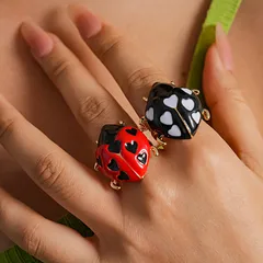 Ladybugs Ring For Women In Golden Plated Alloy With 0.03µm Thick Enamel Coating