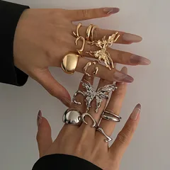 Lava Butterfly Ring Set  Style Open Ring Metal Smooth Surface Geometric Glass Stone Induction 2