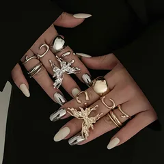 Lava Butterfly Ring Set  Style Open Ring Metal Smooth Surface Geometric Glass Stone Induction 3