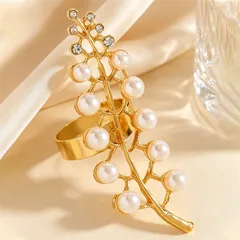 Leaves Adjustable Ring For Unisex In Gold Alloy With KC Golden Plated Coating 0.03µm-0.05µm Featuring Artificial Pearl Inlay 2