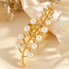 Leaves Adjustable Ring For Unisex In Gold Alloy With KC Golden Plated Coating 0.03µm-0.05µm Featuring Artificial Pearl Inlay 3
