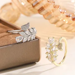 Leaves Open Rings For Unisex Featuring Electroplated Gold Alloy With Moissanite Inlay