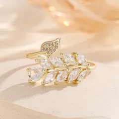 Leaves Open Rings For Unisex Featuring Electroplated Gold Alloy With Moissanite Inlay 2