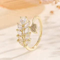 Leaves Open Rings For Unisex Featuring Electroplated Gold Alloy With Moissanite Inlay 4