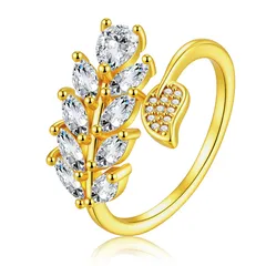 Leaves Open Rings For Unisex Featuring Electroplated Gold Alloy With Moissanite Inlay 5