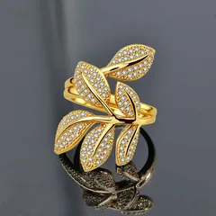 Leaves Open Rings For Unisex Featuring Gold Electroplated Copper With Rhinestones Inlay