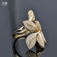 Leaves Open Rings For Unisex Featuring Gold Electroplated Copper With Rhinestones Inlay 2
