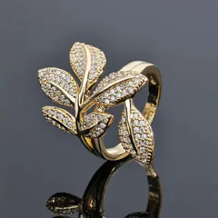 Leaves Open Rings For Unisex Featuring Gold Electroplated Copper With Rhinestones Inlay 3
