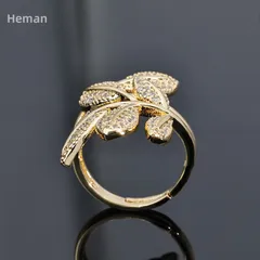 Leaves Open Rings For Unisex Featuring Gold Electroplated Copper With Rhinestones Inlay 4