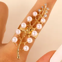 Leaves Pattern Open Rings For Women In Gold Alloy With KC Golden Plated Electroplated Finish And Imitation Pearl Inlay