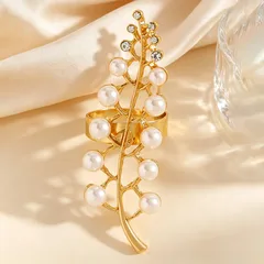 Leaves Pattern Open Rings For Women In Gold Alloy With KC Golden Plated Electroplated Finish And Imitation Pearl Inlay 2