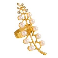 Leaves Pattern Open Rings For Women In Gold Alloy With KC Golden Plated Electroplated Finish And Imitation Pearl Inlay 5