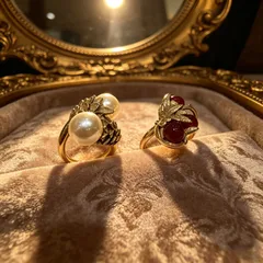 Leaves Pattern Rings For Women In Golden Plated Zinc Alloy With Artificial Pearl Inlay And 0.01µm Plating Thickness