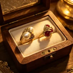Leaves Pattern Rings For Women In Golden Plated Zinc Alloy With Artificial Pearl Inlay And 0.01µm Plating Thickness 2
