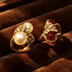 Leaves Pattern Rings For Women In Golden Plated Zinc Alloy With Artificial Pearl Inlay And 0.01µm Plating Thickness 5