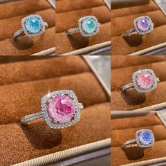 Luxurious Fashion Flash Parai Ba Firework Cut Princess Square Ring For Women Embedded High Carbon Diamond Sea Blue Diamond Ring