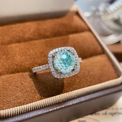 Luxurious Fashion Flash Parai Ba Firework Cut Princess Square Ring For Women Embedded High Carbon Diamond Sea Blue Diamond Ring 4