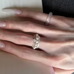 Luxurious Round Rings For Women, 3 Pieces, Alloy Material With Electroplated Finish And Imitation Pearl Inlay 5
