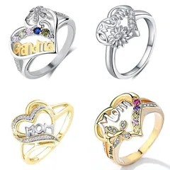 Heart Shape MAMA Rings For Women In Metal With Rhinestones, Featuring Electroplated Design
