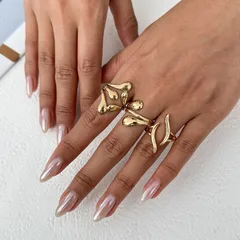 Metal Cross Pleated Ring Set For Women, Teardrop Shape, Smooth Hugging Ring, Street Style Geometric Glass Gemstone 3