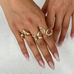 Metal Cross Pleated Ring Set For Women, Teardrop Shape, Smooth Hugging Ring, Street Style Geometric Glass Gemstone 4