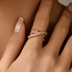 Copper 18K Gold Plated Inlay Semicircle Round Petal Zircon Open Rings 3