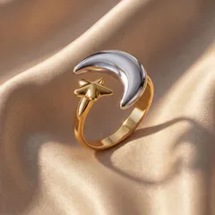 Moon Open Rings For Women In Multicolor Titanium Steel With Electroplated Gold Plating, Perfect For Spring And Summer