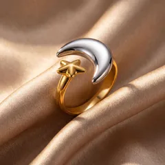 Moon Open Rings For Women In Multicolor Titanium Steel With Electroplated Gold Plating, Perfect For  Spring And Summer 2
