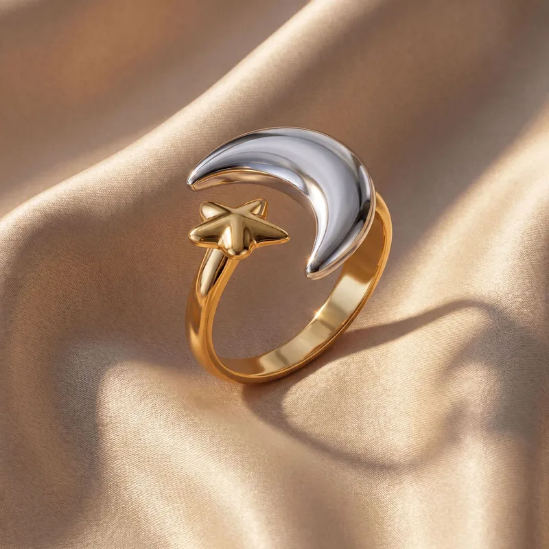 Moon Open Rings For Women In Multicolor Titanium Steel With Electroplated Gold Plating, Perfect For  Spring And Summer 5