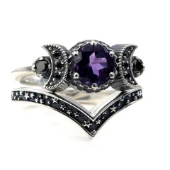 Moon Ring Set For Women In Purple Alloy Featuring Electroplated Craftsmanship, 1 Set