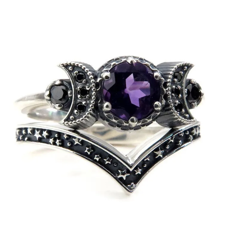 Moon Ring Set For Women In Purple Alloy Featuring Electroplated Craftsmanship, 1 Set 5