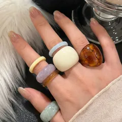 Set Of 7 Multicolor Geometric Resin Rings For Unisex Wear