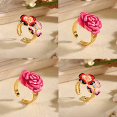 Natural Pink Flowers Ring For Women, 18K Real Gold Plated Brass With 0.03µm-0.05µm Thickness, 1 Piece