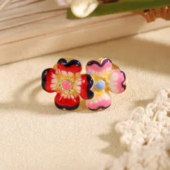 Natural Pink Flowers Ring For Women, 18K Real Gold Plated Brass With 0.03µm-0.05µm Thickness, 1 Piece 5